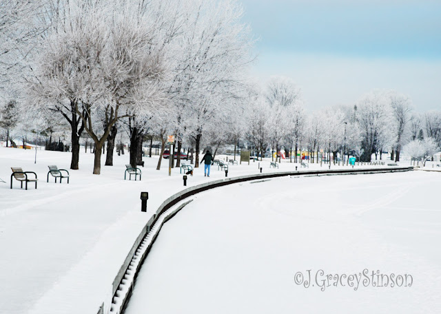 winter boardwalk with snow at Orillia Couchiching Beach Park, Ont