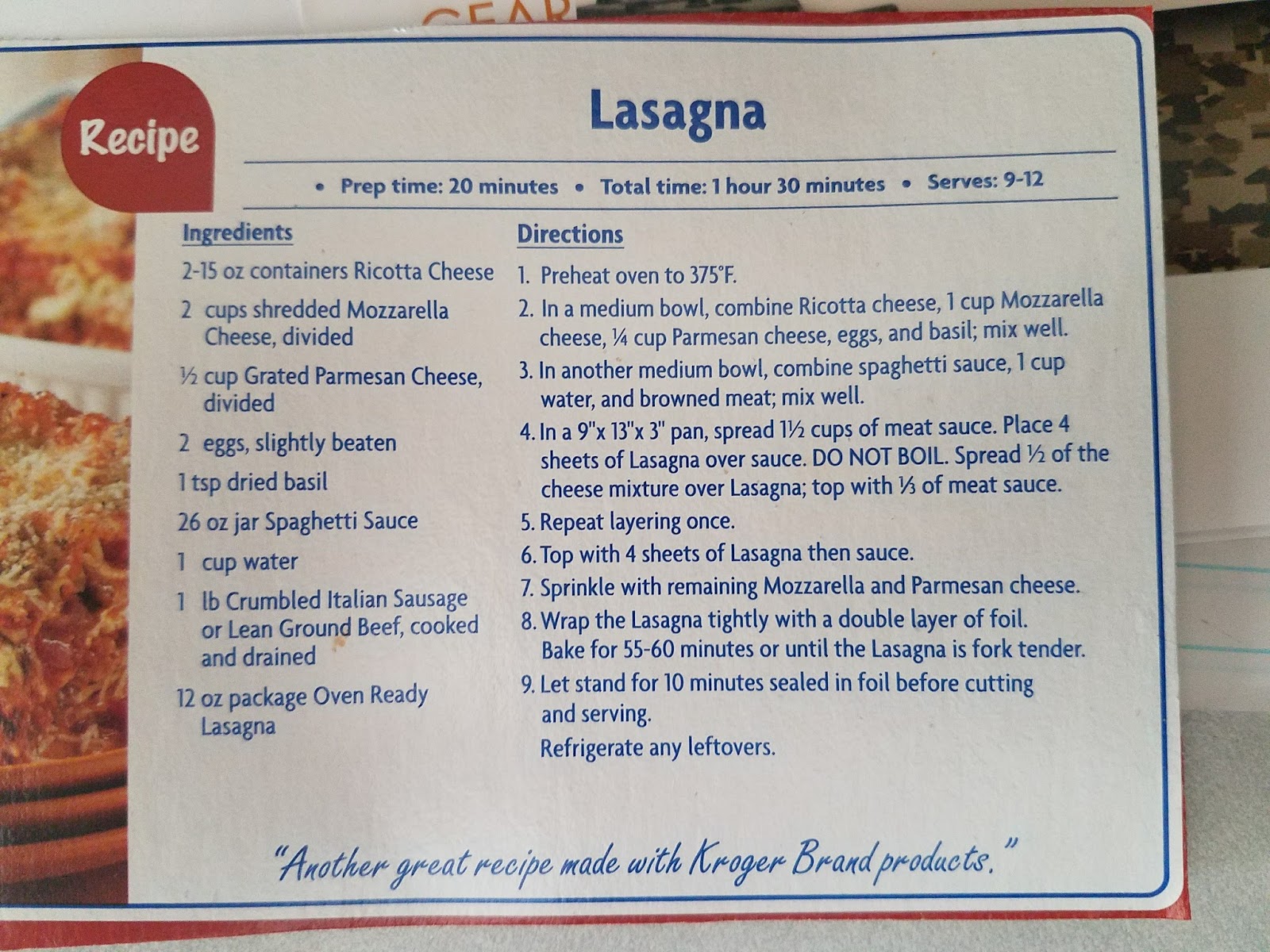 A Cookbook of My Own Lasagna with OvenReady Noodles (Back of the Box)