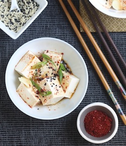 korean style cold tofu appetizer with korean chili flakes