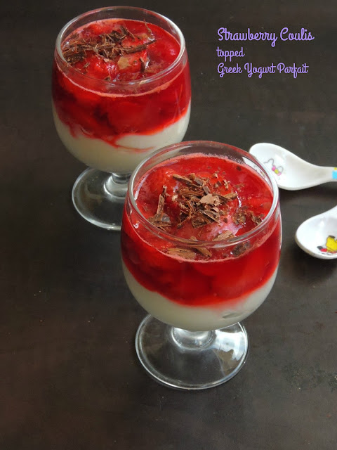 Strawberry coulis, greek yogurt parfait