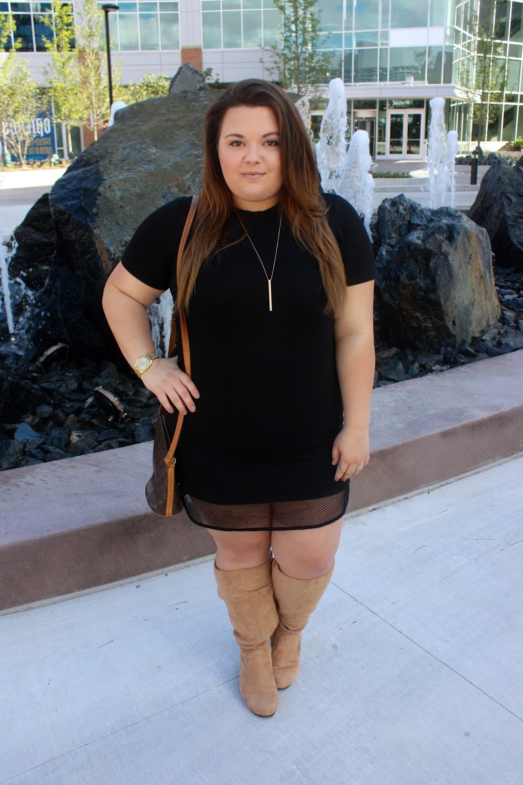 woman within, wide calf boot, thick, wide calf, Natalie Craig, plus size fashion, ps fashion, little black dress, wearing black, natalie in the city, chicago, fashion blogger, plus size fashion blogger, forever 21, perforated boots, north and clybourne, perforated shoes, mesh dress, fatshion, confidence, louis vuitton, gold watch