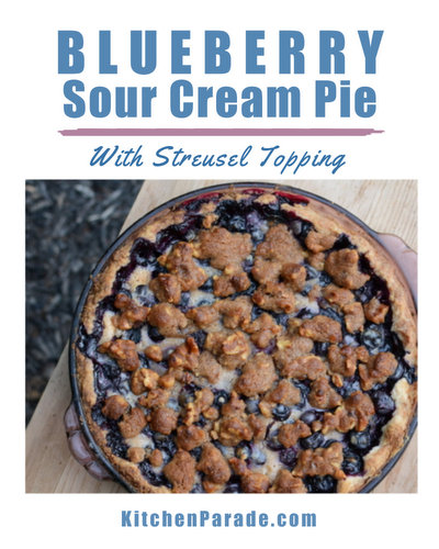 Blueberry Sour Cream Pie ♥ KitchenParade.com, my longtime favorite recipe for blueberry pie, fabulous with fresh blueberries that 'pop' in the light sour cream filling and topped with a toasted-almond streusel.