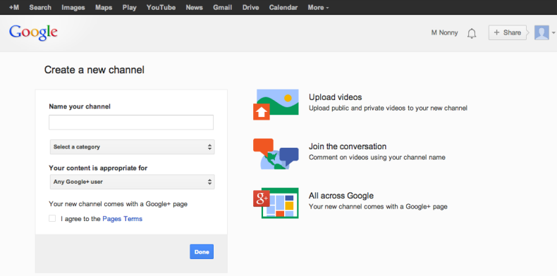 Create a new  Channel without Google+