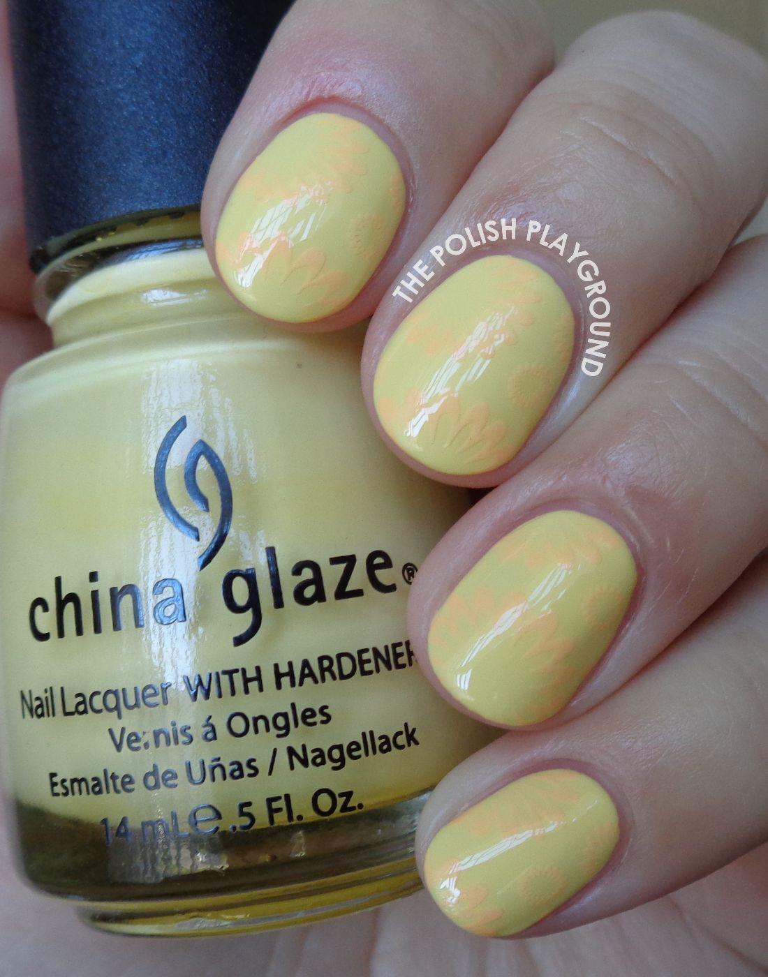 Pastel Yellow with Subtle Orange Floral Stamping Nail Art