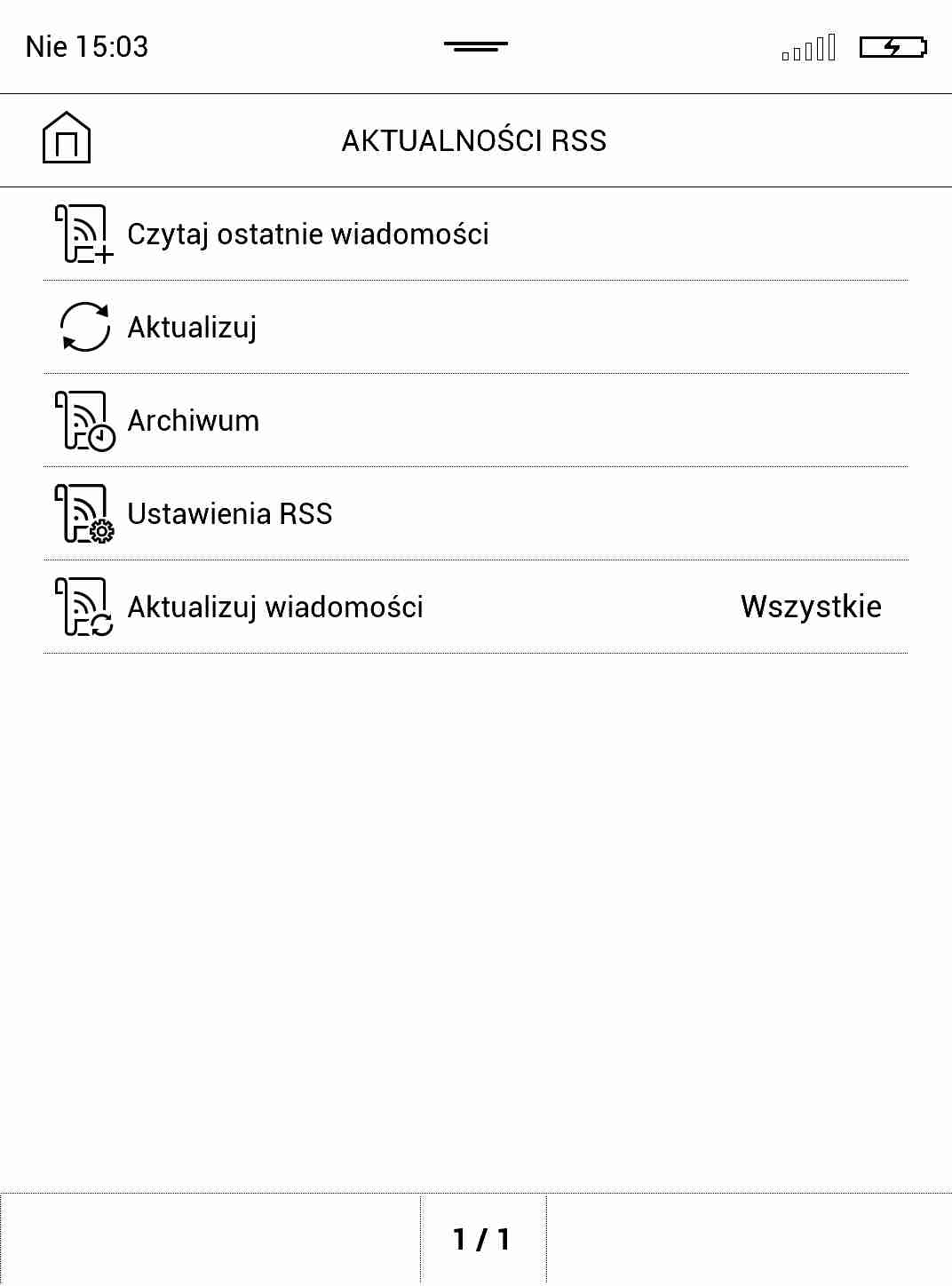 Opcje aplikacji do RSS na czytniku PocketBook Touch HD 2