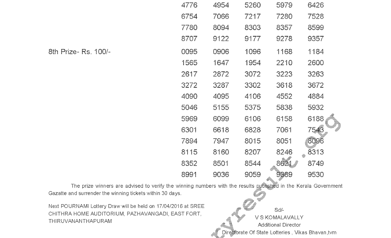 POURNAMI Lottery RN 232 Result 10-4-2016