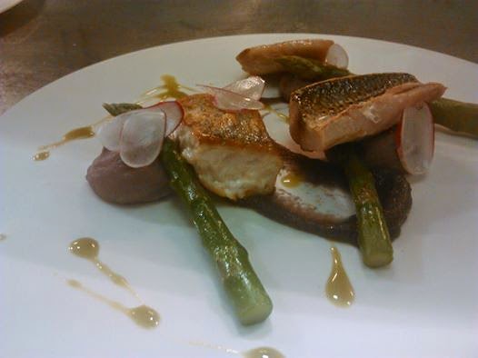 Seared Bream, Hake, Red Snapper, Red Wine Mash, Black Olive Gel, Butter Poached Asparagus