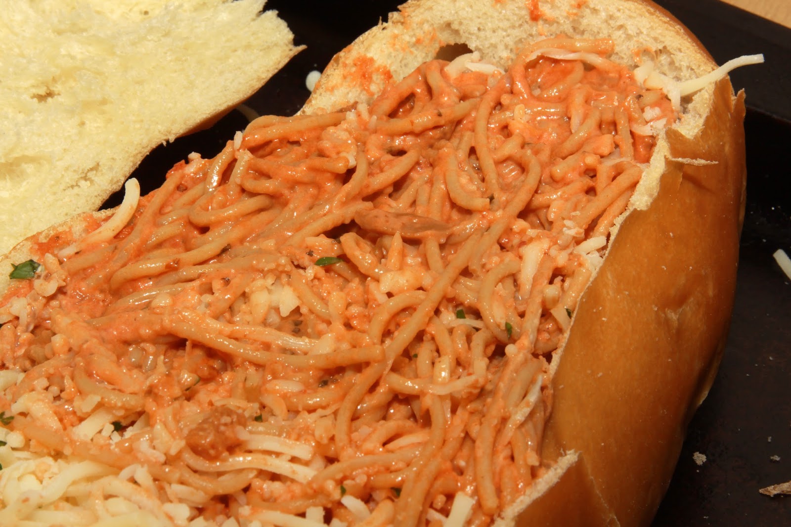 For the Love of Food Spaghetti Stuffed Garlic French Bread