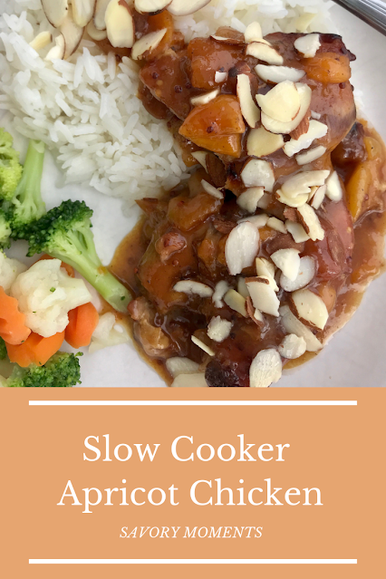 Serving plate with slow cooker apricot chicken, rice, and vegetables.