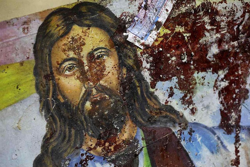 Imagem de Cristo salpicada de sangue de vítimas cristãs no Egito.