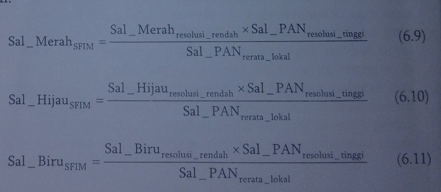 dimana tiga saluran rendah adalah saluran tertentu beresolusi yang akan diberi merah hijau dan biru melalui fusi dengan saluran pankromatik maka rumus di dimana tiga saluran rendah adalah saluran tertentu beresolusi yang akan diberi merah hijau dan biru melalui fusi dengan saluran pankromatik maka rumus di