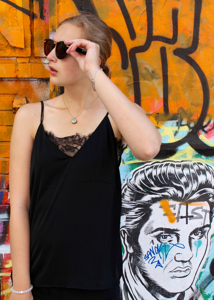 black lace satin top, ankle dress pants #allblackootd #paris