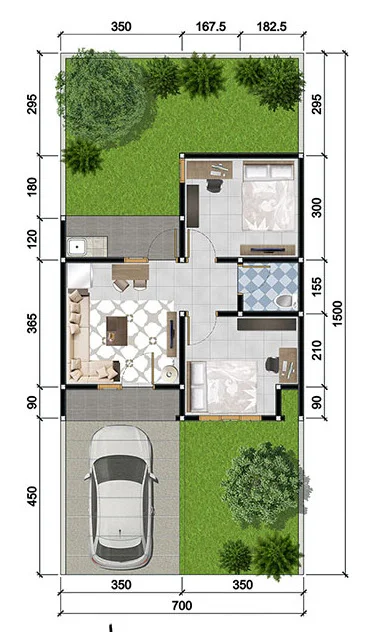 Denah rumah minimalis ukuran 7x15 meter 2 kamar tidur 1 lantai