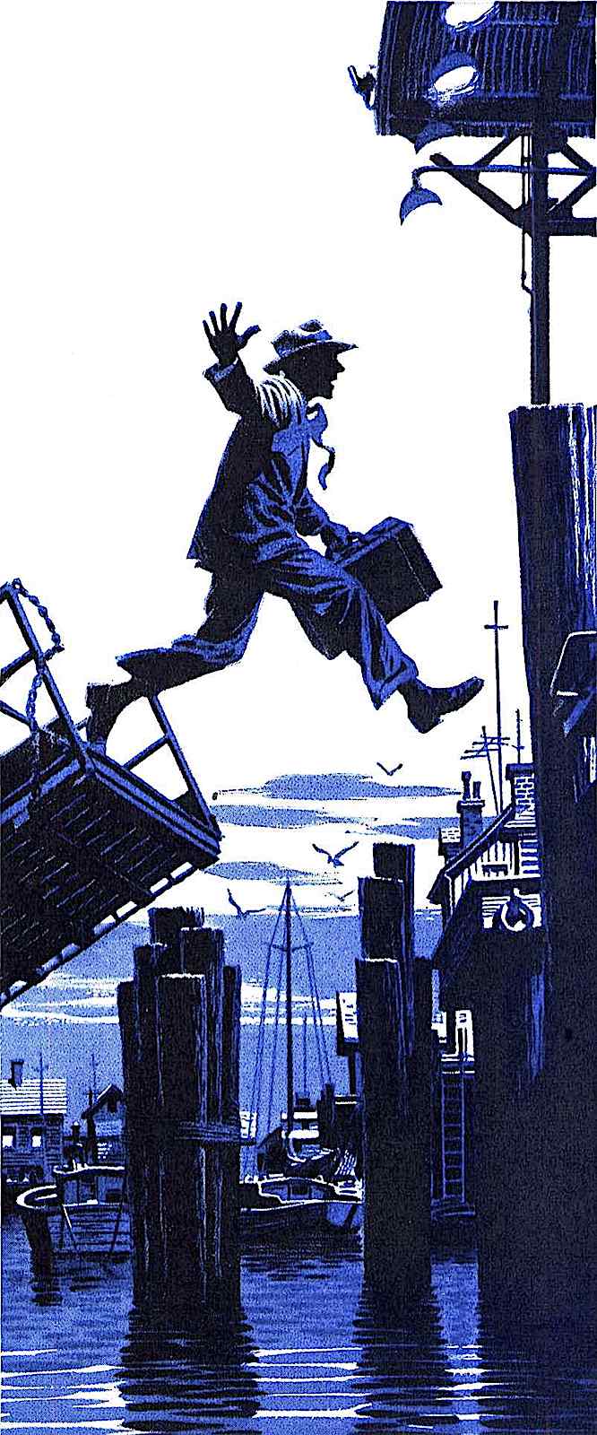 James R. Bingham a James R. Bingham illustration of a man jumping from ship to dock