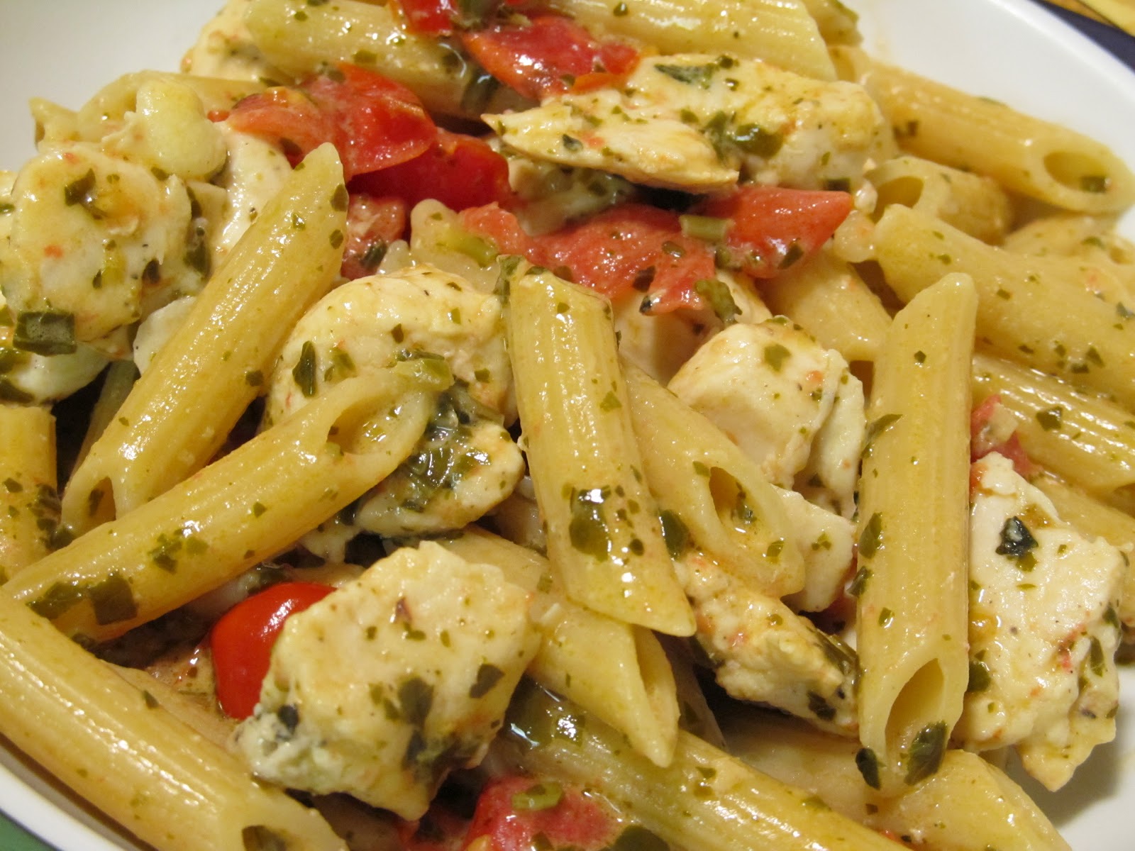 Jenn's Food Journey Pasta in Pesto Cream with Chicken and Tomatoes