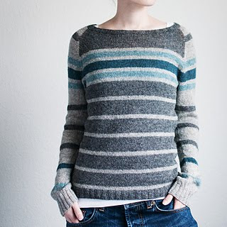 Knitting pattern for a long-sleeved pullover in gray and blue stripes.