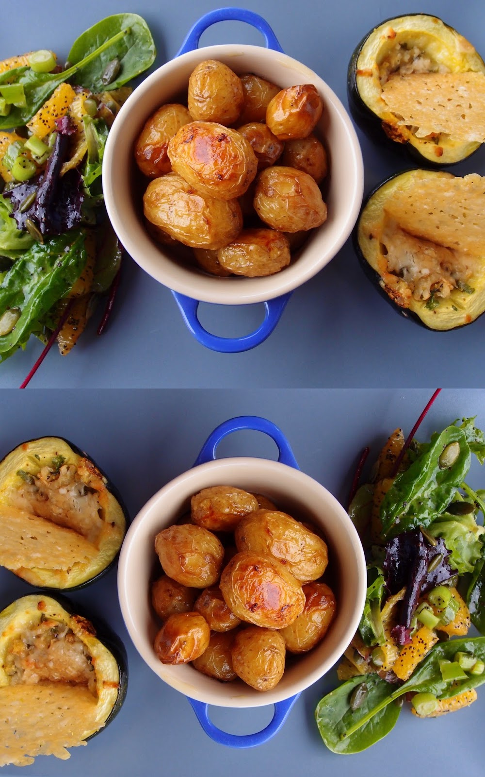 The VegHog Stuffed gem squashes with baked new potatoes