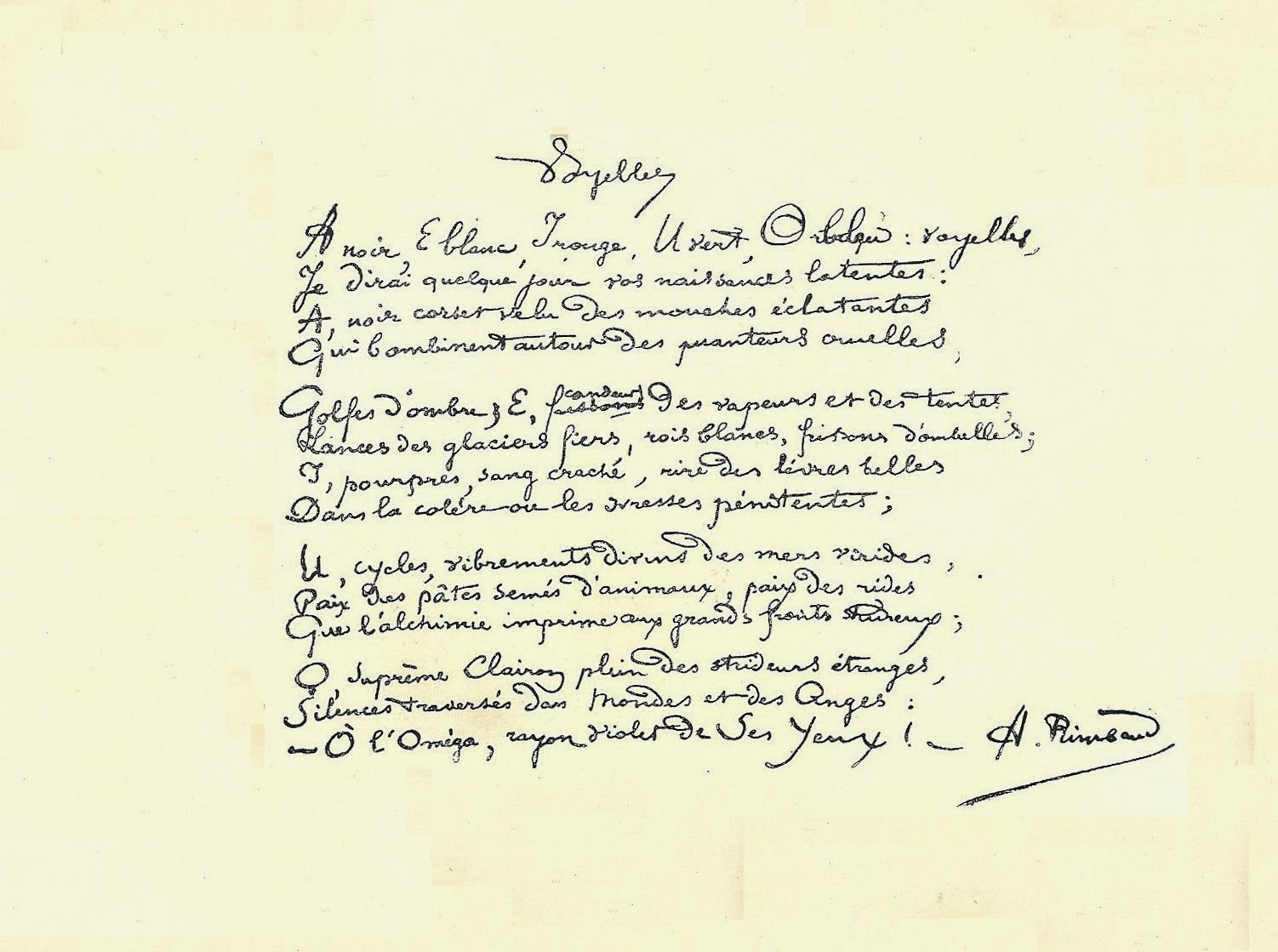 Manuscript of Voyelles by Rimbaud.