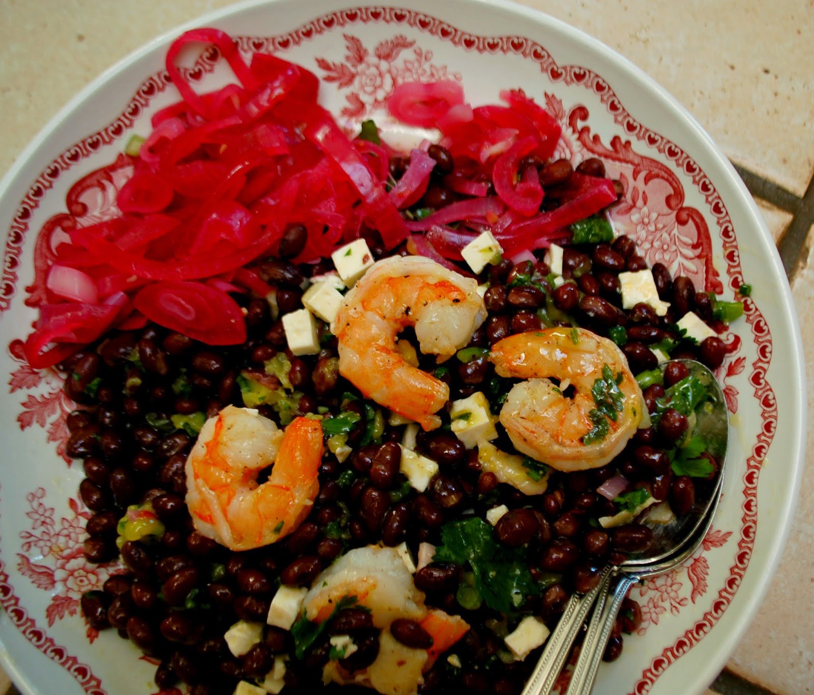 The Spice Garden Black Bean Salad with Shrimp and Pickled Onions