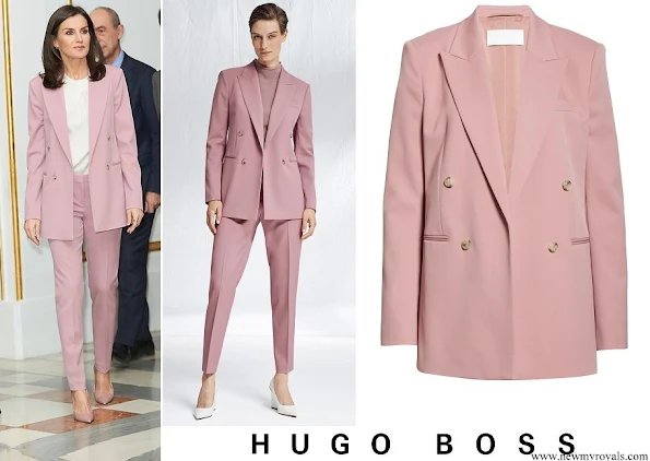 Queen Letizia wore Hugo Boss Jericoa stretch wool double-breasted blazer and trousers