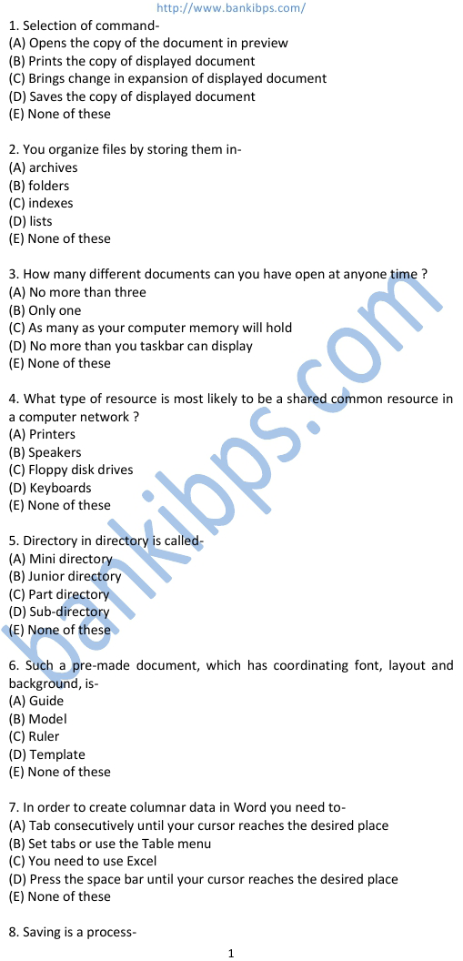 ibps computer knowledge sample questions
