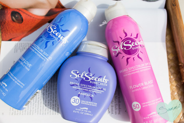 SOLSCENTS Continuous Spray Sunscreens in Deep Love and Flower Blast ($13) and SPF 30 Lotion in Angelica