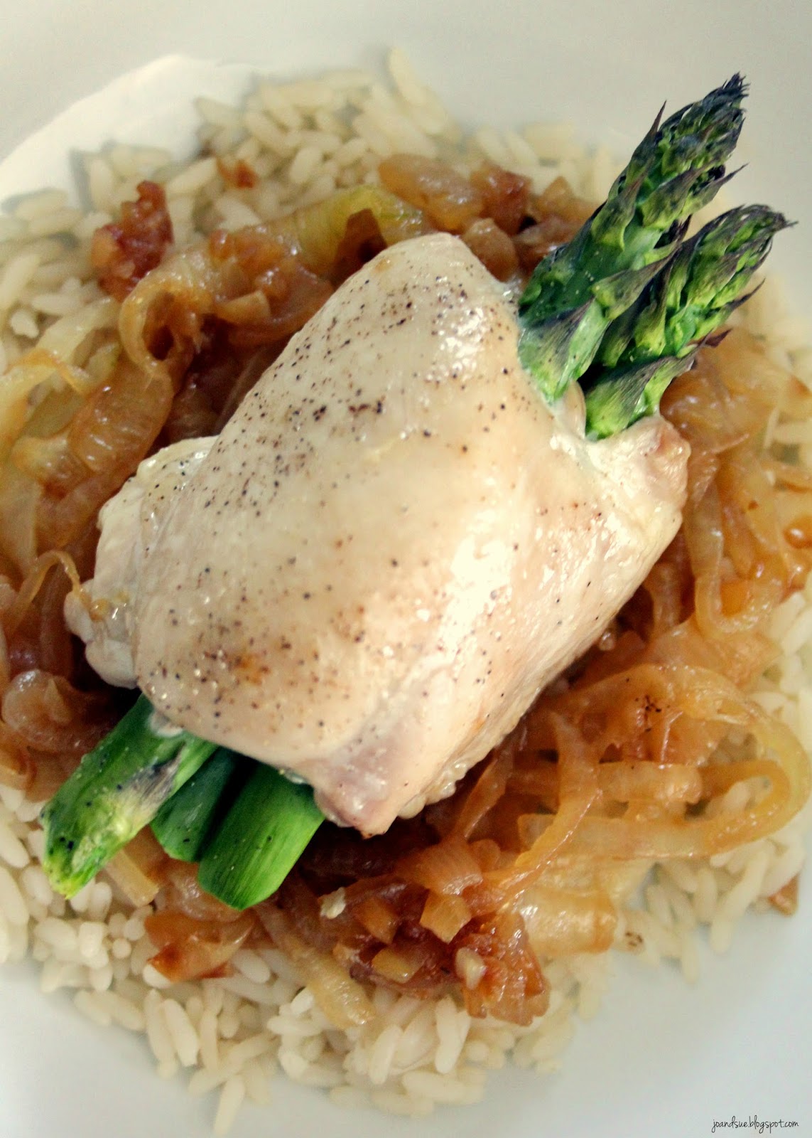 Jo and Sue Asparagus Stuffed Chicken Thighs with Caramelized Onions
