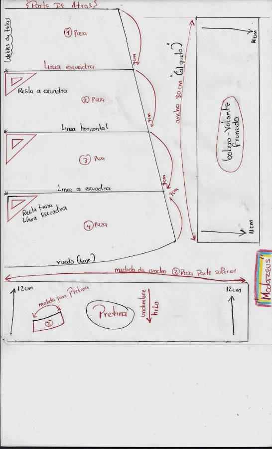 molde de falda con volantes para niñas cortada en tejido plano