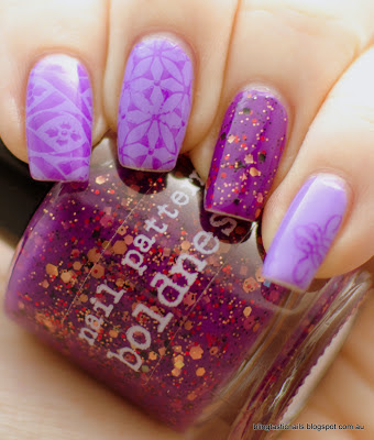Nail Pattern Boldness Hello Sweetie with purple stamping