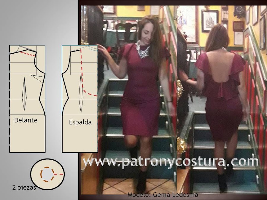 www.patronycostura.com/Vestido canesú, espalda libre con volante.Tema 198