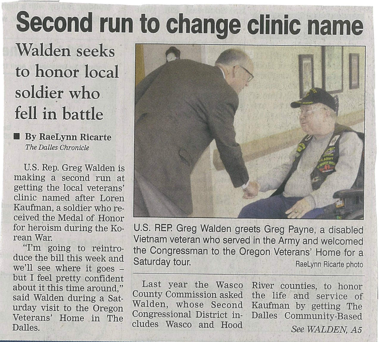 GREG PAYNE A DISABLED VIETNAM VETERAN WELCOMES CONGRESSMAN GREG WALDEN TO THE OREGON VETERANS