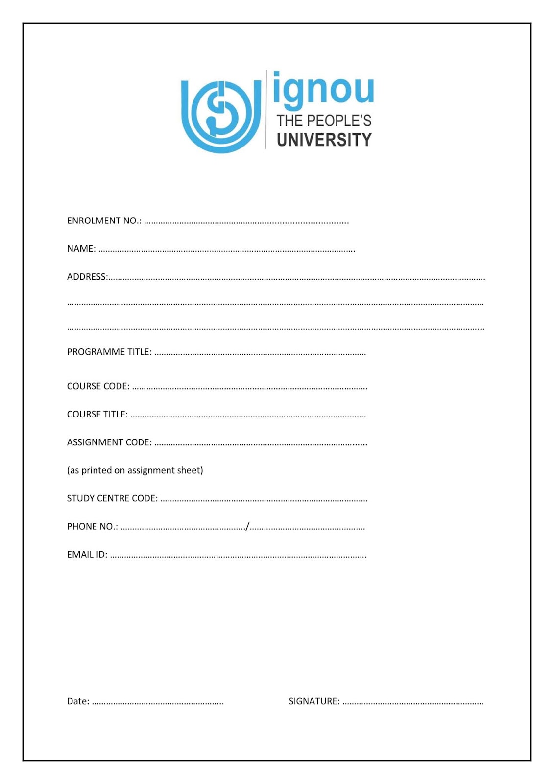 ignou assignment format front page pdf
