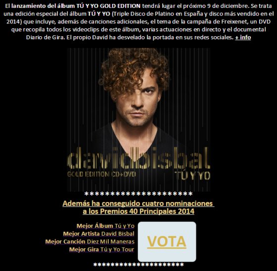 David Bisbal lanzamiento Tu y Yo Gold Edition y nominaciones Premios 40 Principales 2014