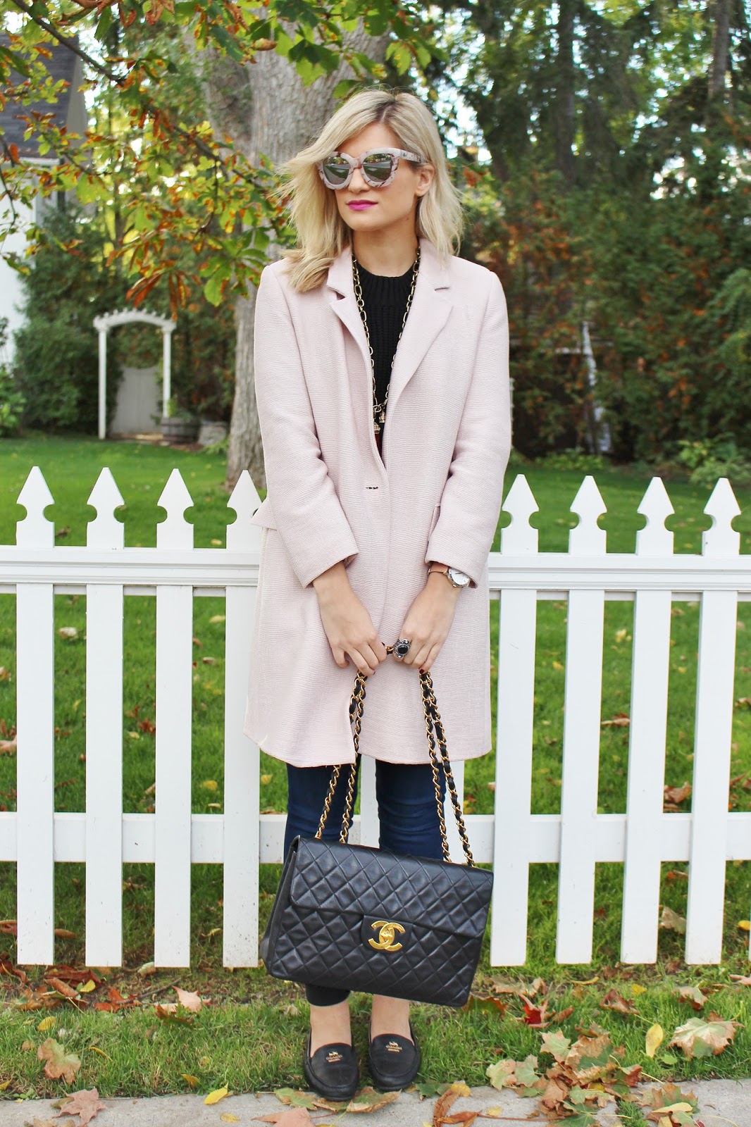 Bijuleni - Duster Blush Zara Coat, Skinny Guess Jeans, turtleneck sweater, Coach loafers and Vintage Chanel Handbag ootd