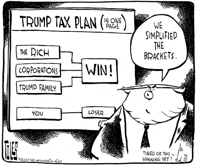 Donald Trump in front of his proposed tax brackets saying, 