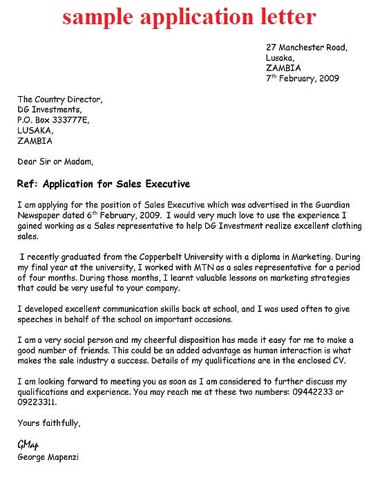 a sample application letter for a job