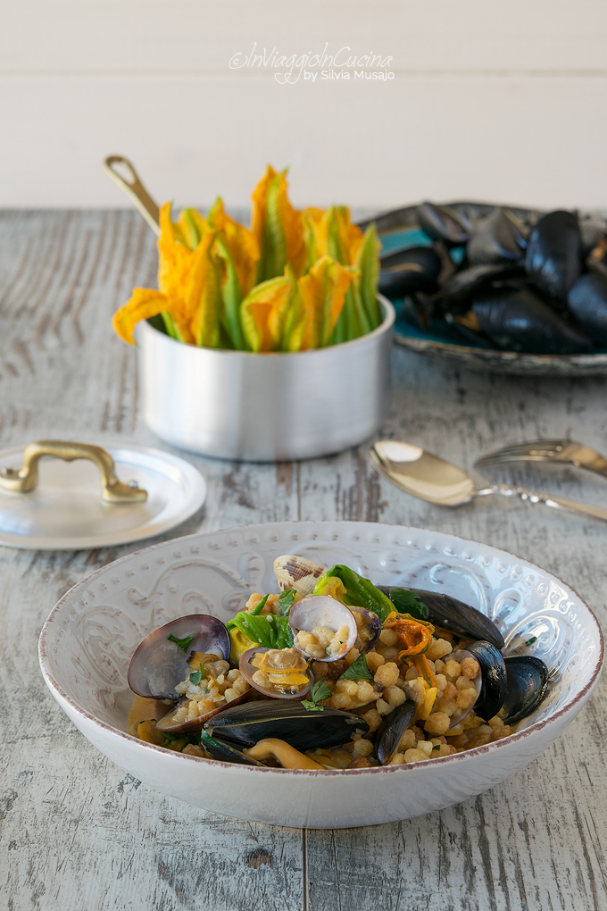 Fregola pasta with courgette flowers, mussels and clams Fregola pasta with courgette flowers, mussels and clams