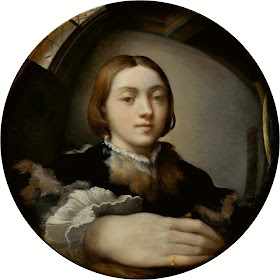 Parmigianino's Self-Portrait in a Convex Mirror, with which he announced himself in Rome in 1524 