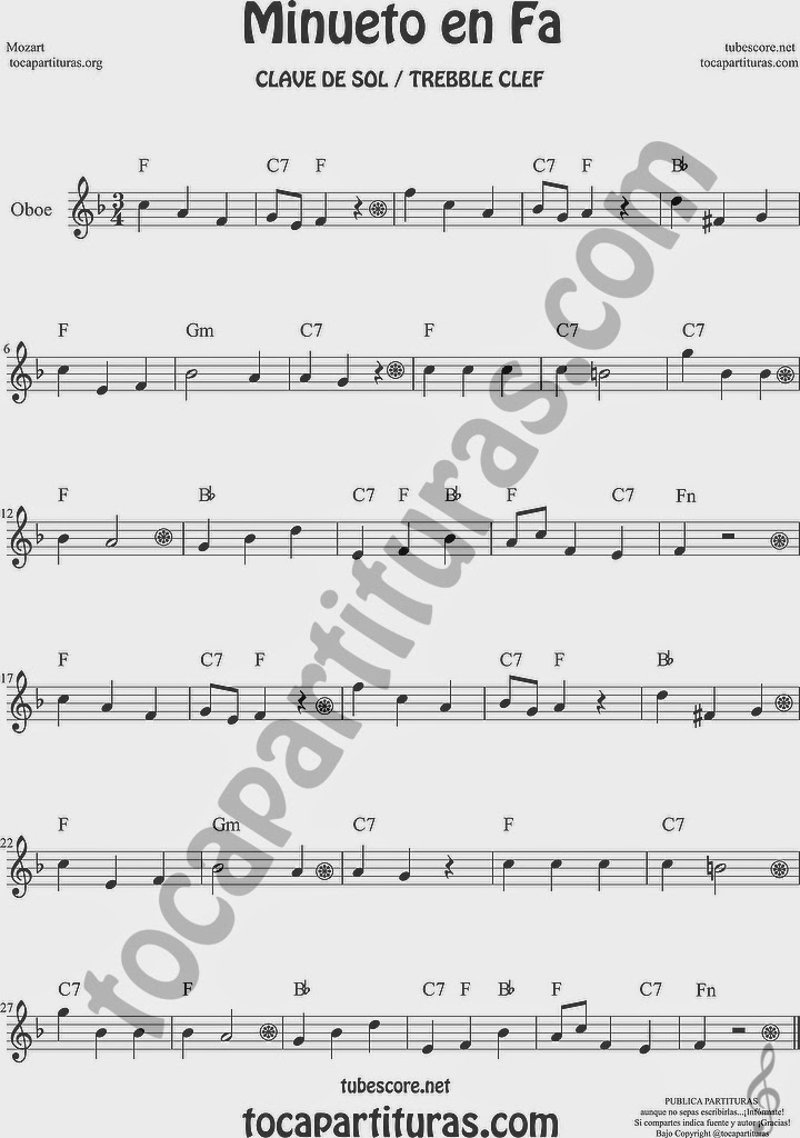  Minueto en Fa Partitura de Oboe Sheet Music for Oboe Music Score
