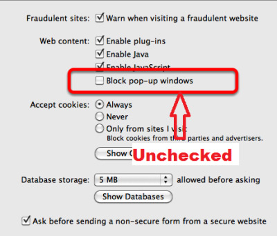How to allow/disallow or enable/disable popups in safari browser