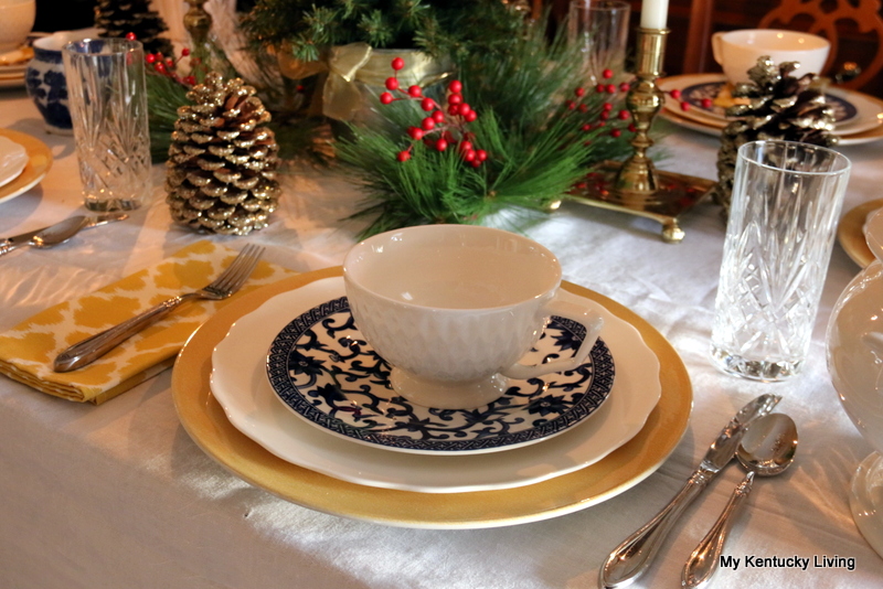 Holiday table setting china dishes tablecloth