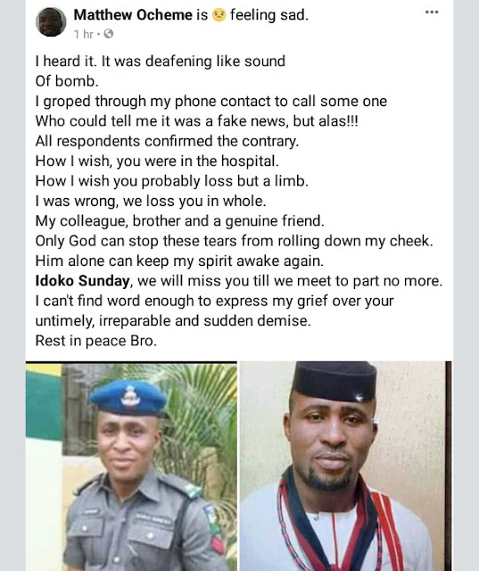 Photos: Friends of policeman killed while escorting election results to collation centre in Ogun state, mourn him