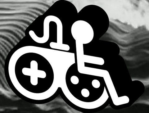 The Game Accessibility Info symbol on electronic waves. The gamepad rider, in black and white on digital waves.