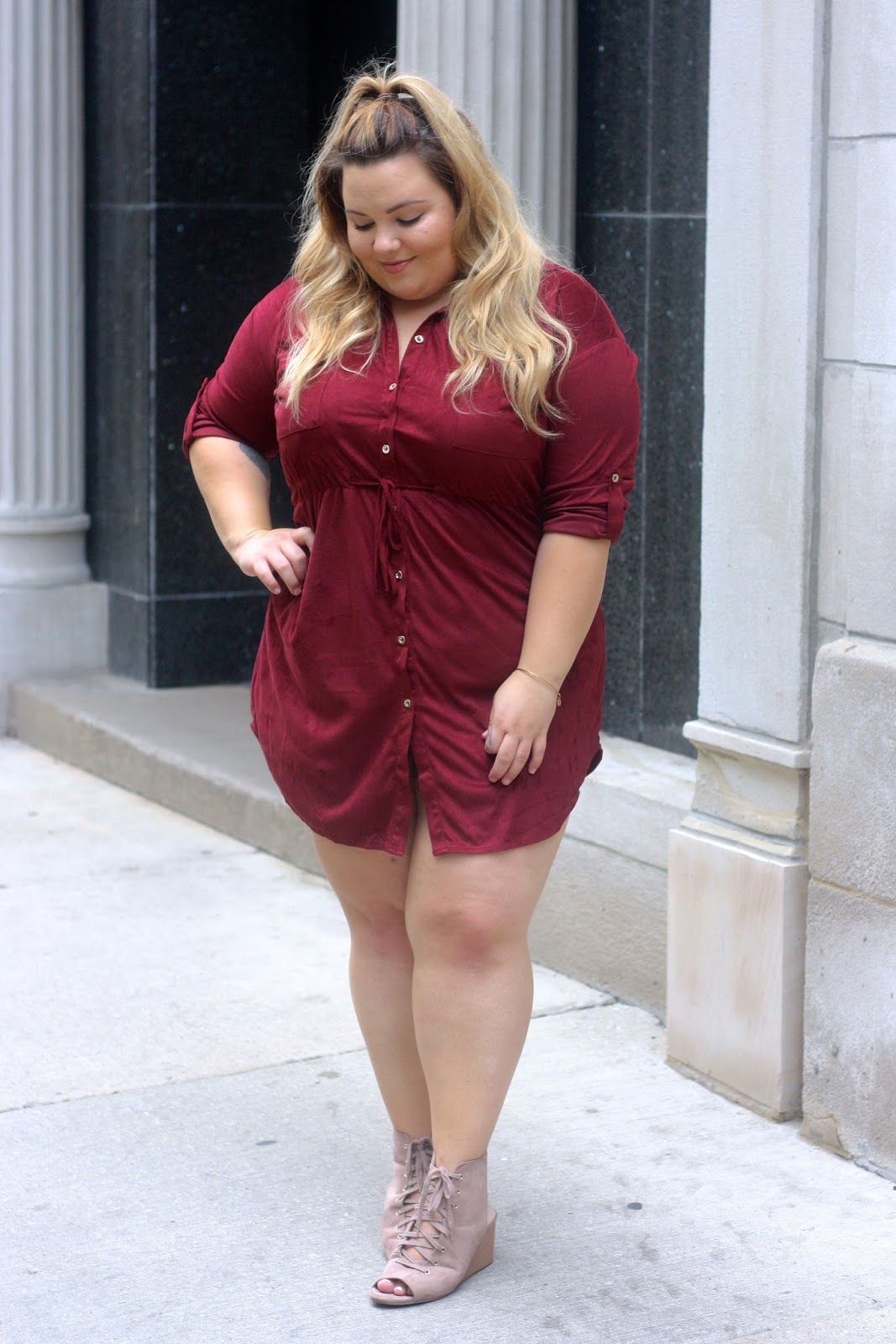 faux suede, good vibrations dress, oxblood, fall fashion 2016, plus size fashion blogger, fashion blogger, fatshion, curvy blogger, button up dress, suede, fall colors, natalie craig, natalie in the city, chicago, chic soul