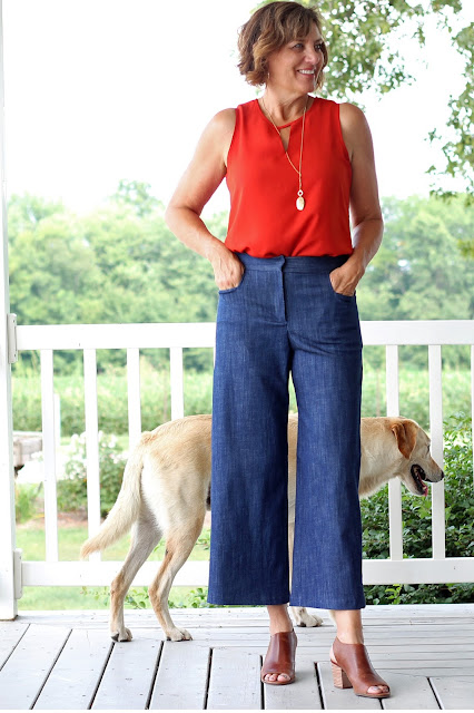 McCall's 7445 wide leg culottes, a Melissa Palmer pattern made in Mood Fabrics' stretch denim