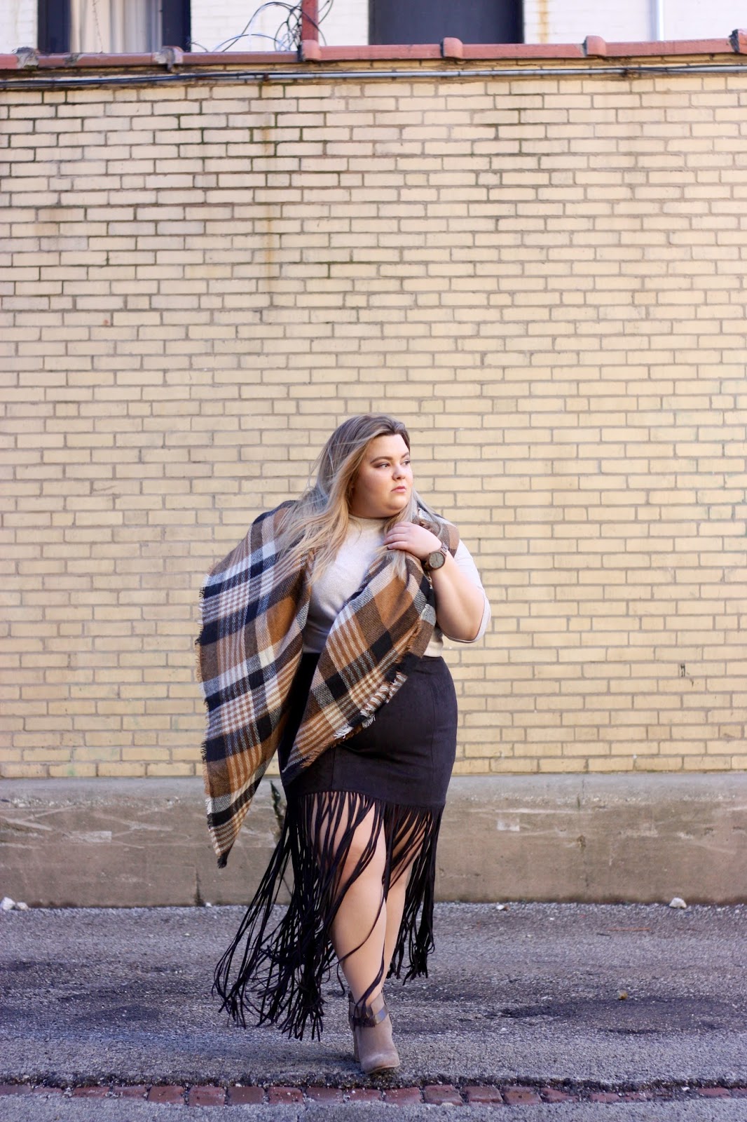 Jord Watches, womens wood watches, natalie craig, natalie in the city, fashion to figure, fringe, plus size fringe skirt, plus size fashion blogger, chicago blogger, midwest blogger, full figured, ft., blanket scarf,