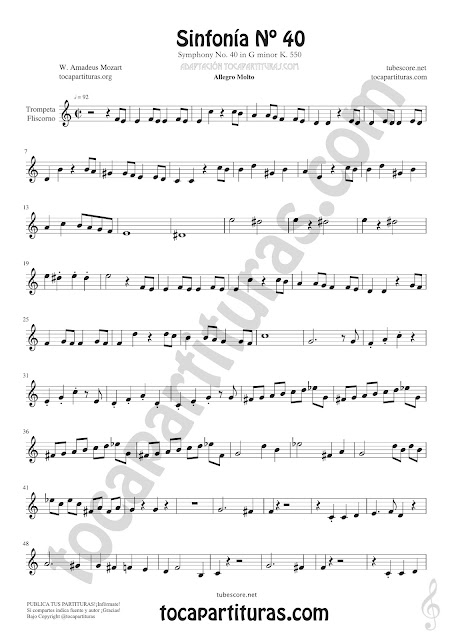 1  Symphony Nº40 de Mozart Sheet Music for Trumpet and Flugelhorn Music Scores 