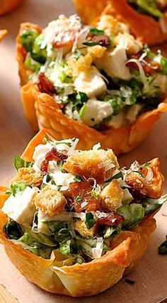 These are made using wonton wrappers as the cups. They bake crispy and golden with just a light spray of oil. A great shortcut for appetizers!