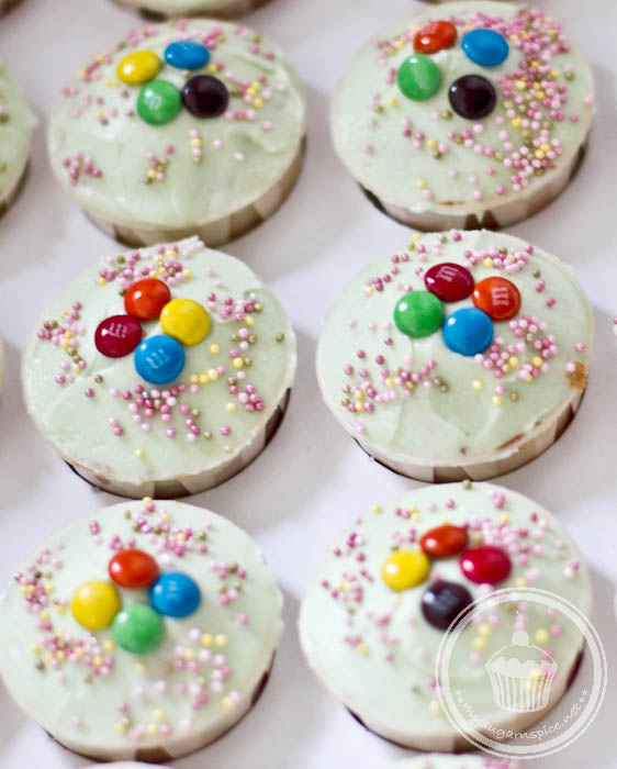 Cupcakes topped with M&Ms