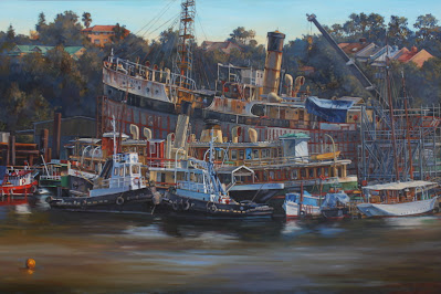 plein air oil painting by Marine Artist Jane Bennett of Sydney Heritage Fleet at Rozelle'